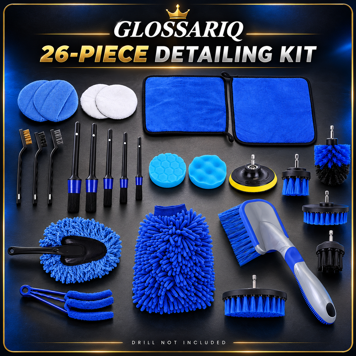 GLOSSARIQ selection: blue 26-piece car detailing brush kit; drill not included