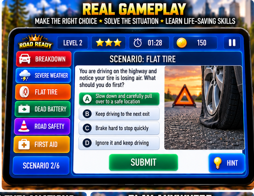 Road Ready Emergency Challenge interactive roadside scenario gameplay