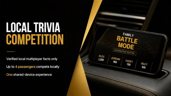 Family Battle Mode local trivia competition for up to four passengers using one shared device