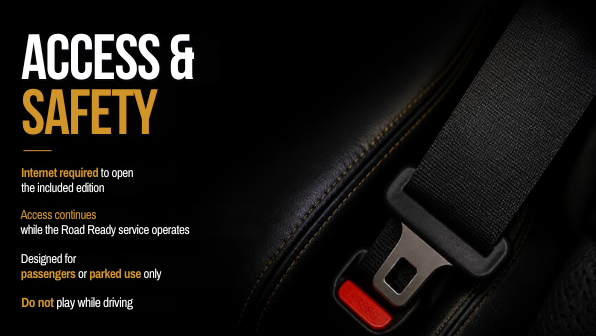 Family Battle Mode access and safety information: internet required to open the included edition, passenger or parked use only, and do not play while driving