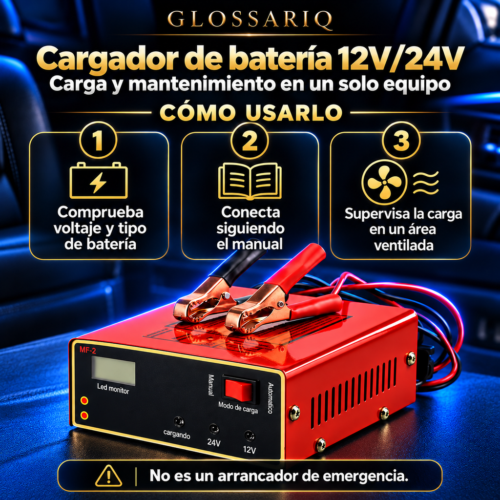 Cargador de batería 12V/24V — cómo usarlo, guía visual en español