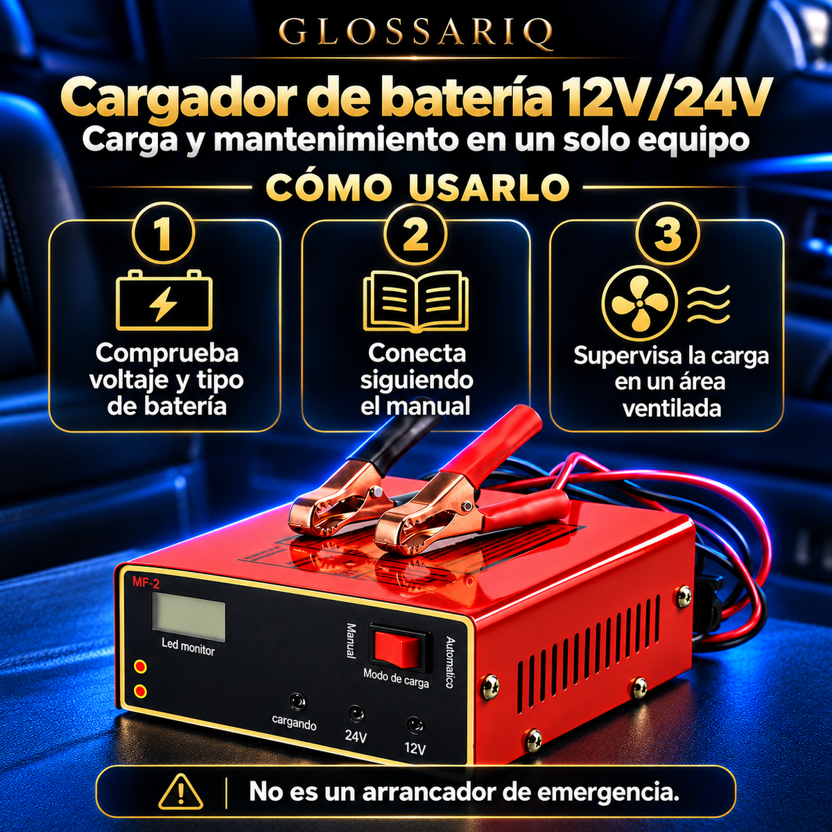Cargador de batería 12V/24V — cómo usarlo, guía visual en español