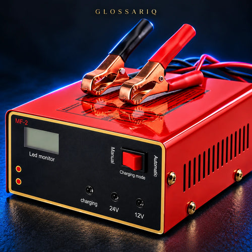 12V/24V 10A Automatic Battery Charger — custom dark studio view