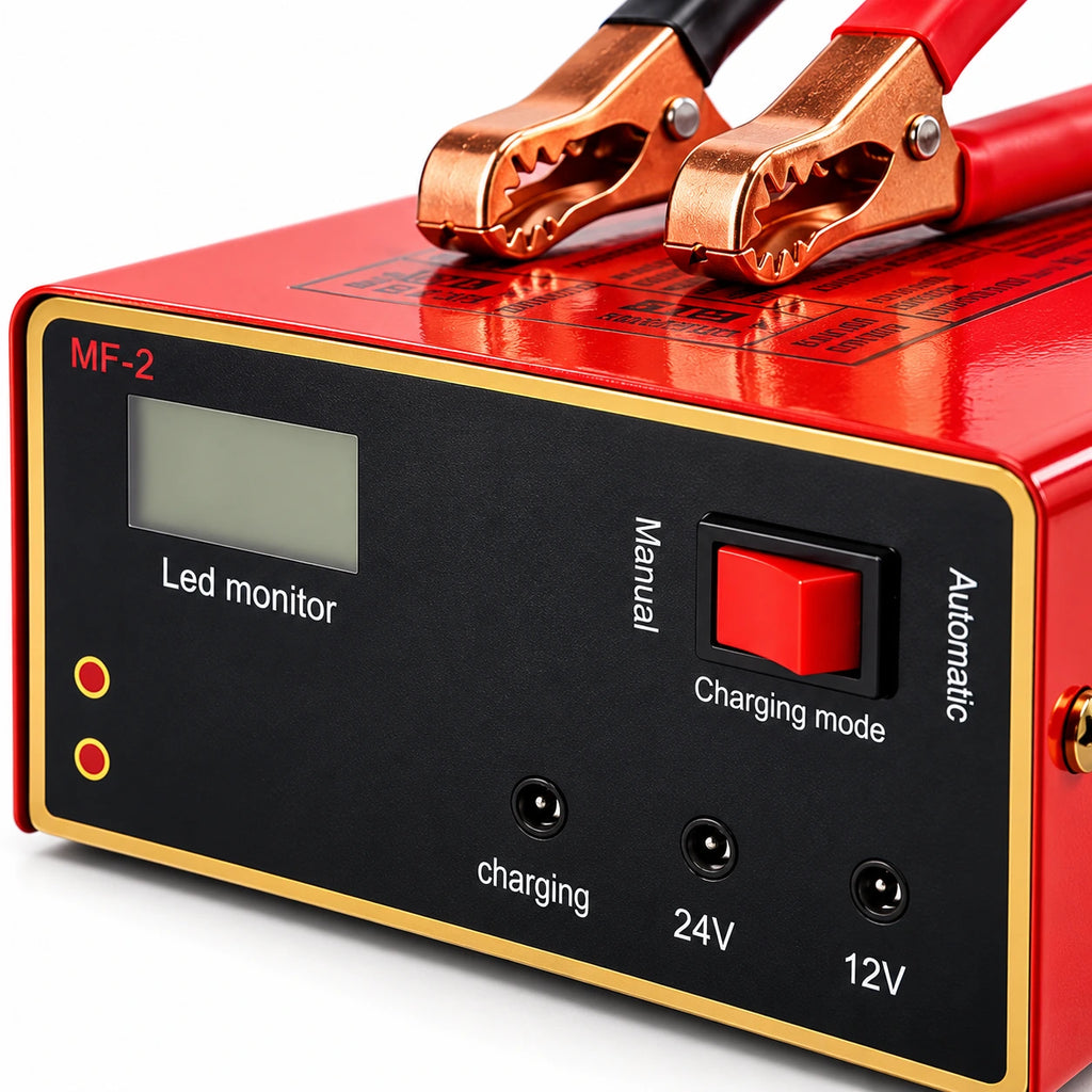 12V/24V 10A Automatic Battery Charger — custom solid-white detail view