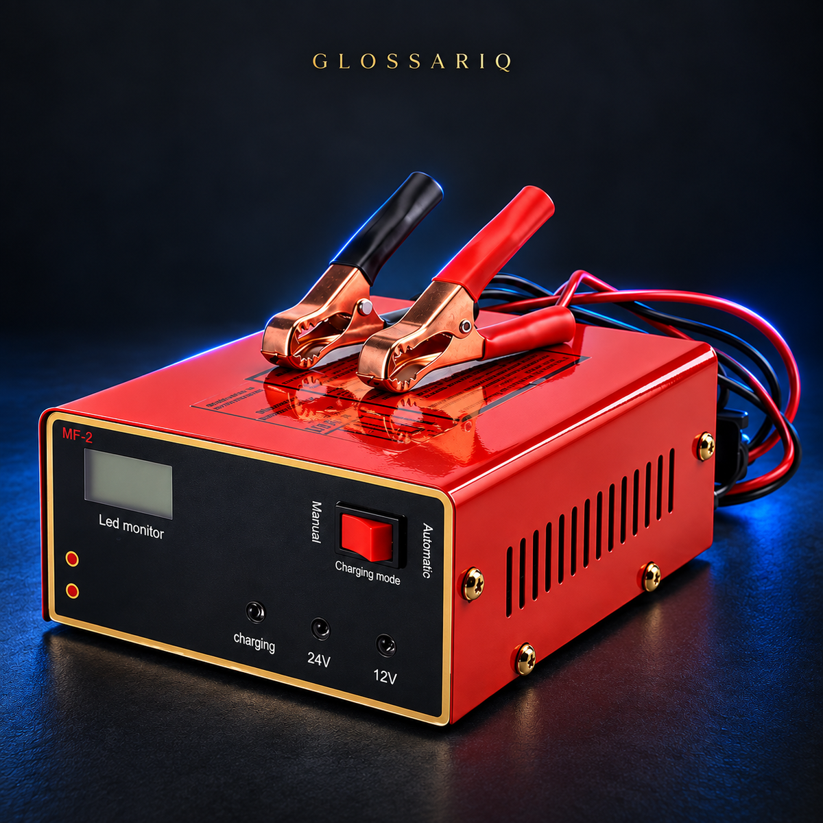 12V/24V 10A Automatic Battery Charger — custom studio mockup