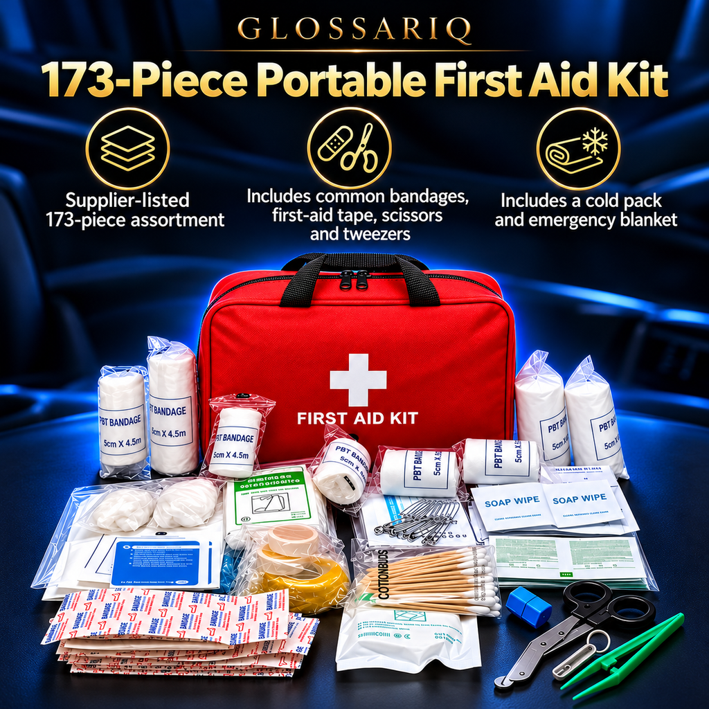 173-Piece Portable First Aid Kit — custom GLOSSARIQ feature design