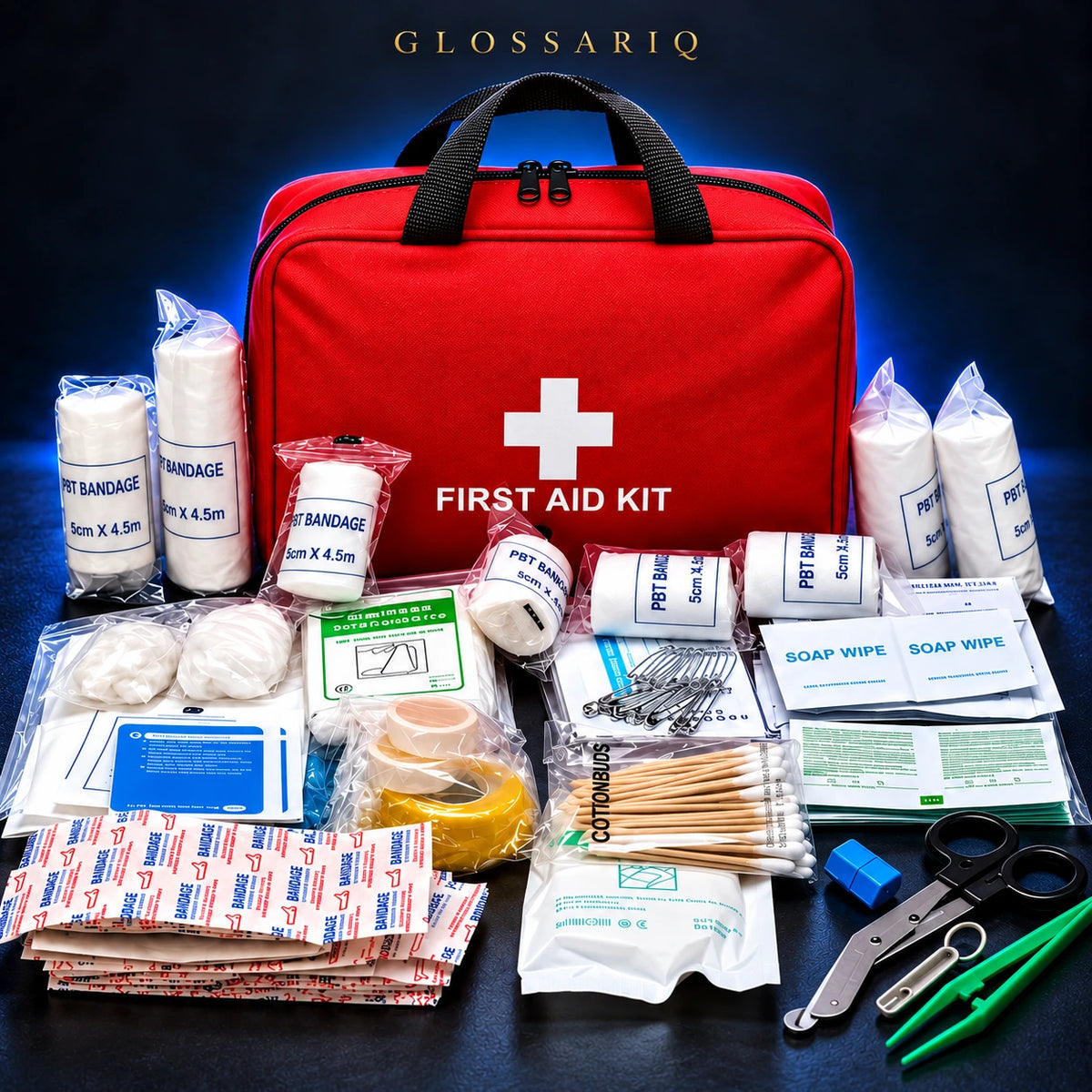 173-Piece Portable First Aid Kit — custom dark studio view