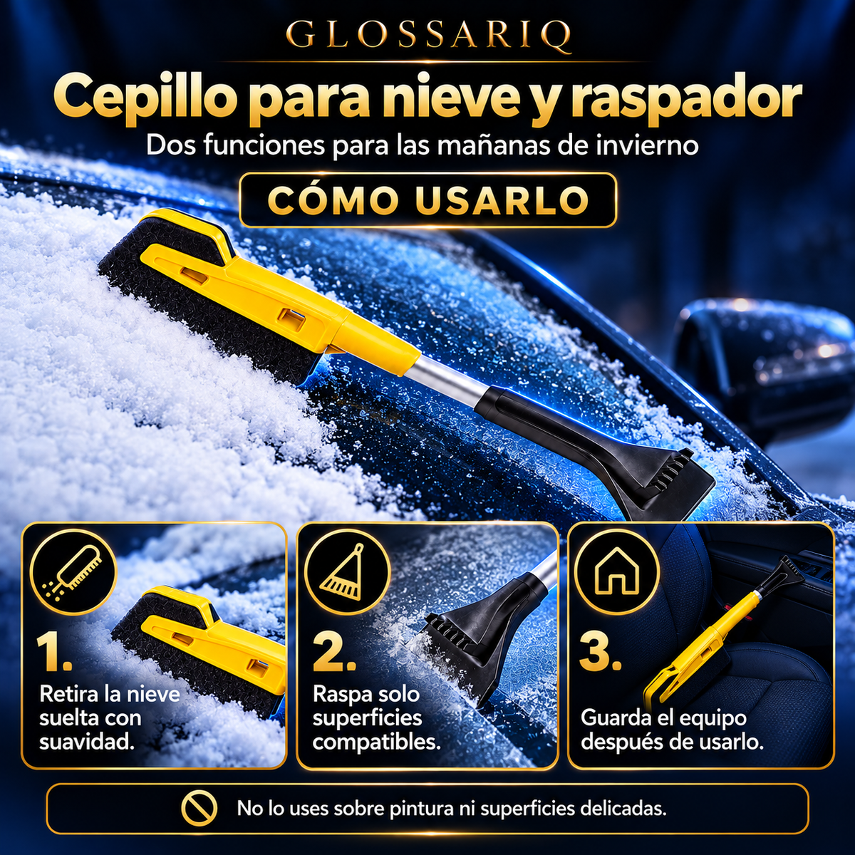 Cepillo para nieve y raspador — cómo usarlo, guía visual en español