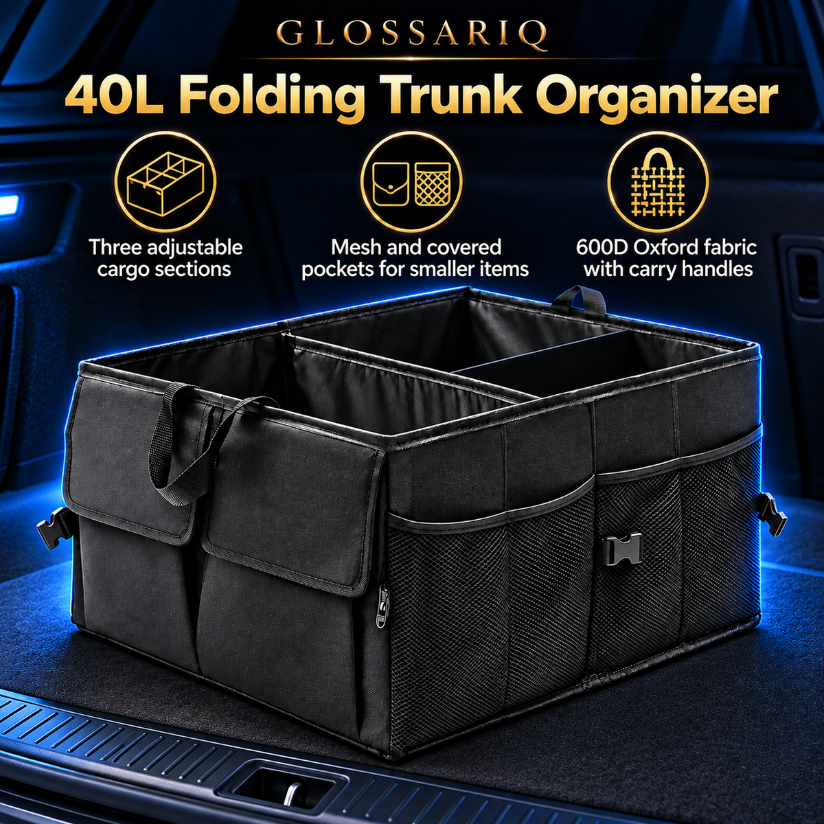 40L Folding Trunk Organizer — custom GLOSSARIQ feature design