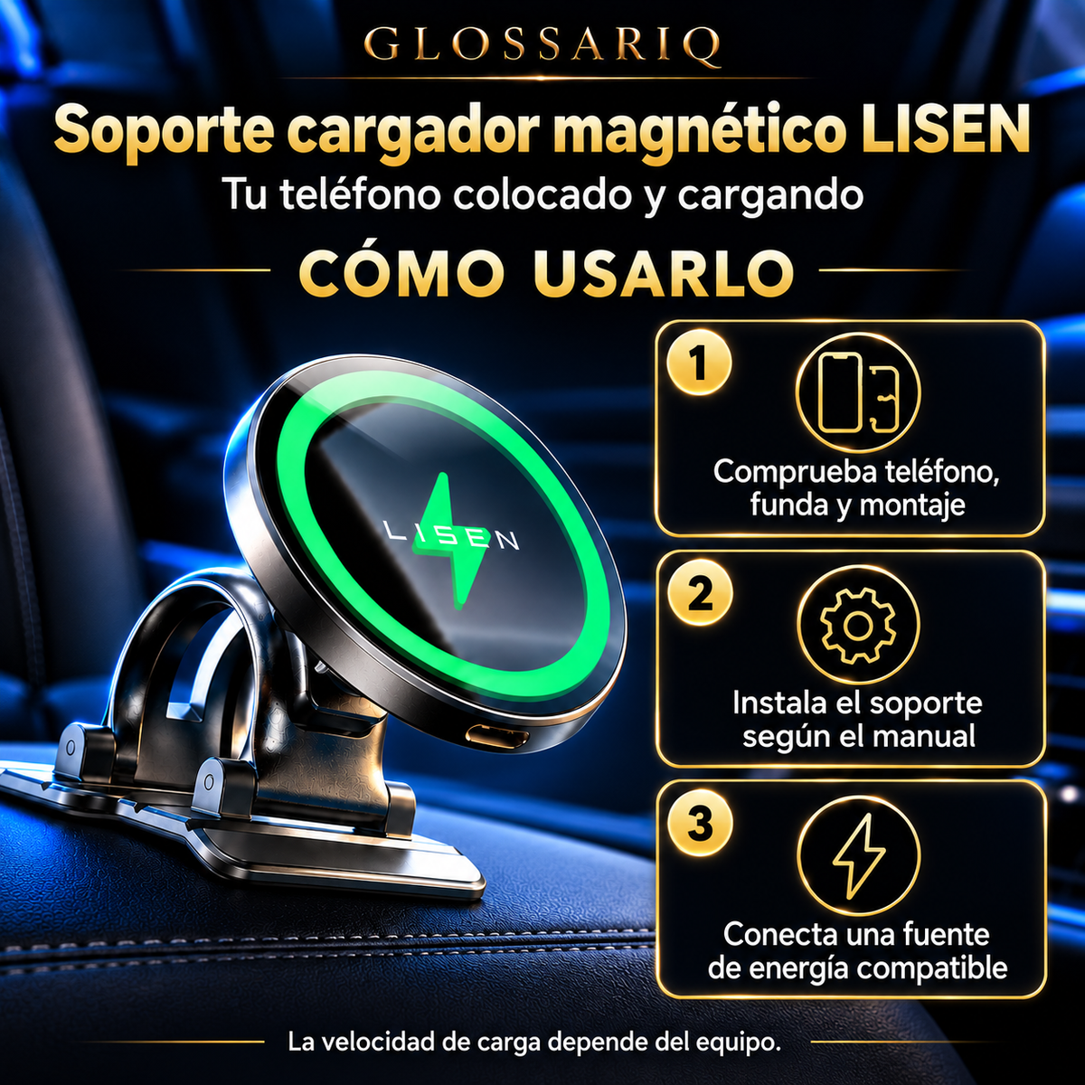 Soporte cargador magnético LISEN — cómo usarlo, guía visual en español