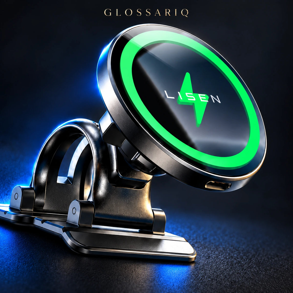 LISEN 15W Magnetic Car Charger Mount — custom dark studio view