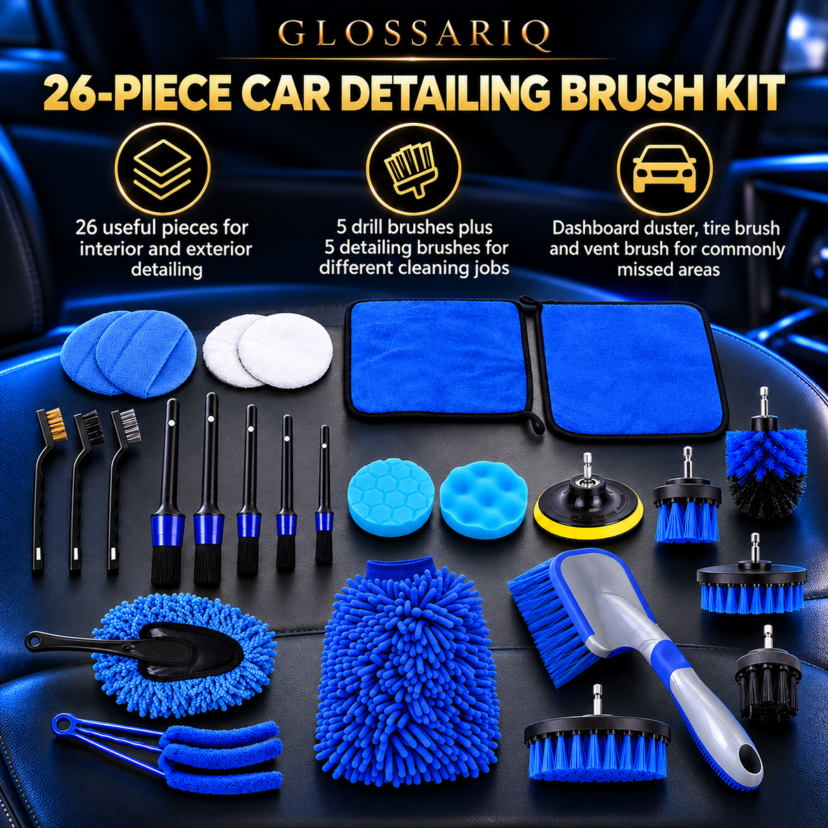 26-Piece Car Detailing Brush Kit — custom GLOSSARIQ feature design