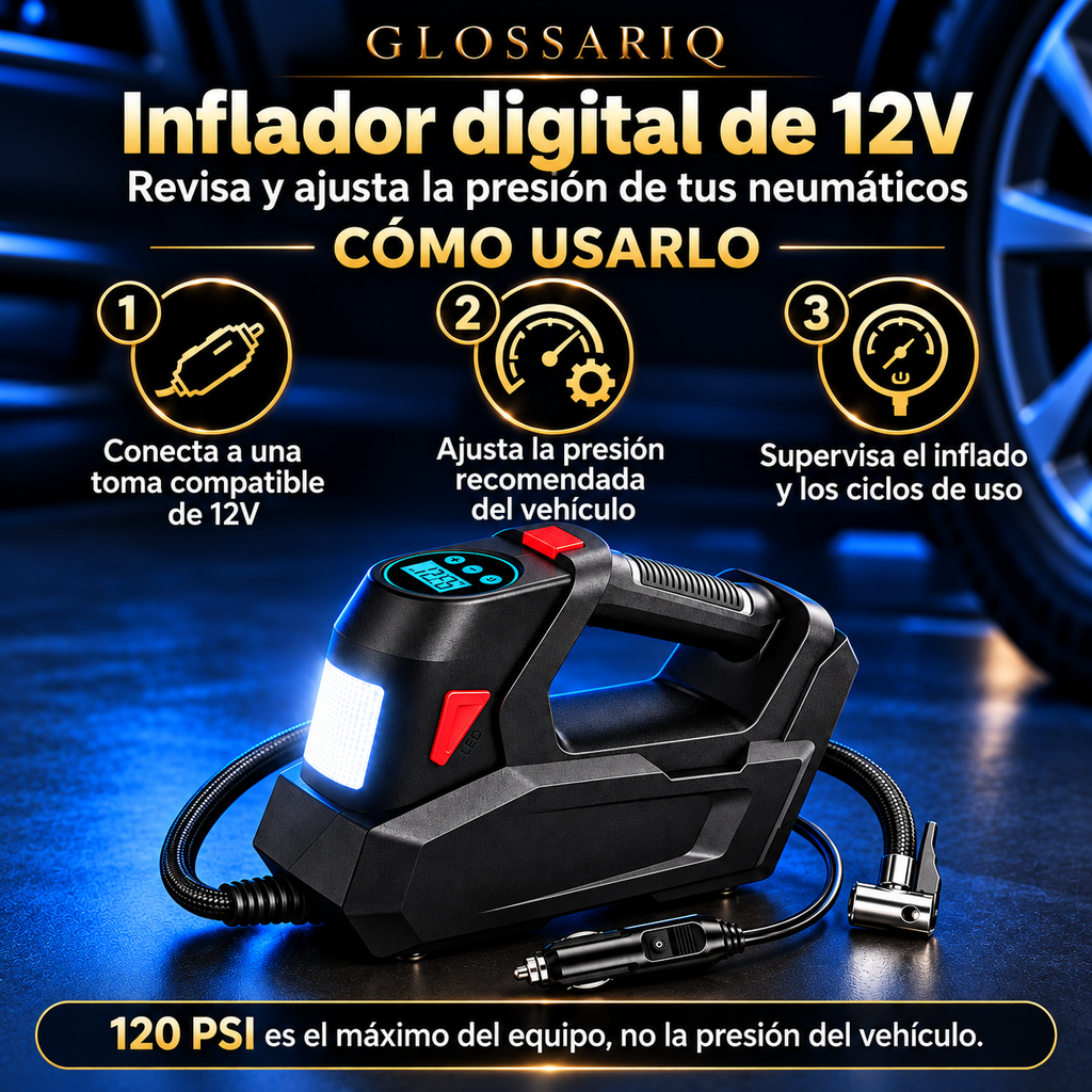 Inflador digital de 12V — cómo usarlo, guía visual en español