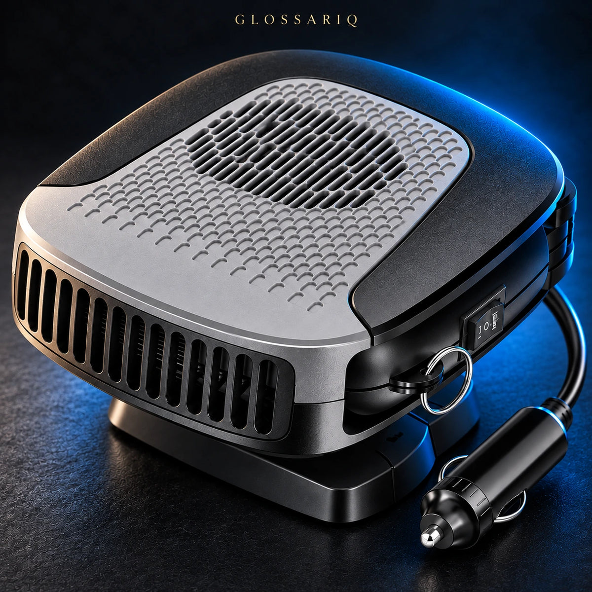 12V Portable Car Heater & Fan — custom dark studio view