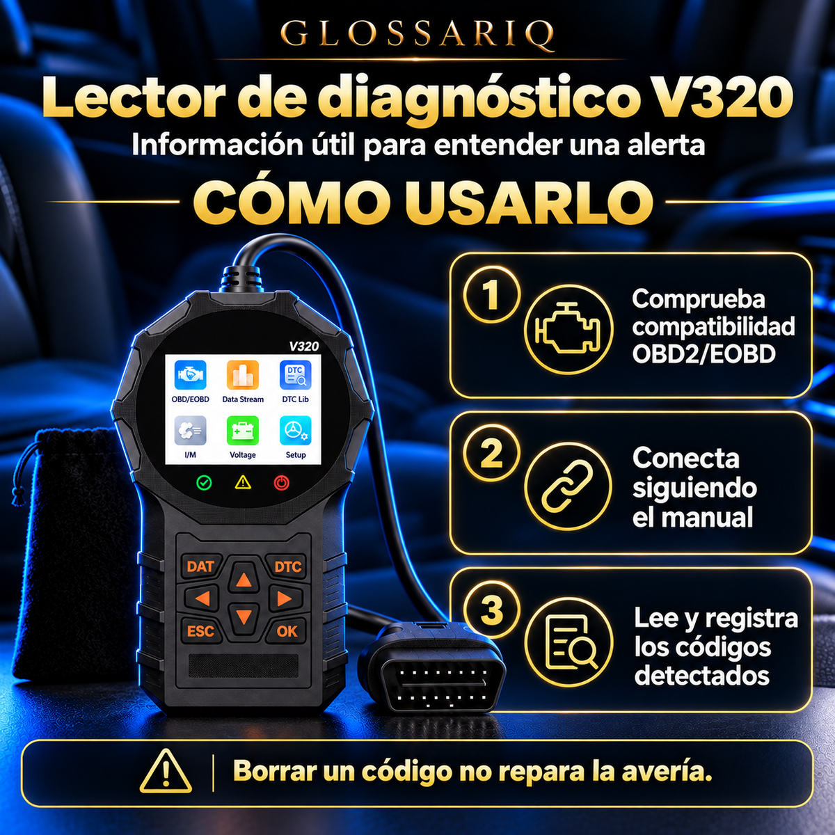 V320 OBD2 Diagnostic Code Reader — Cómo usarlo: instrucciones en español