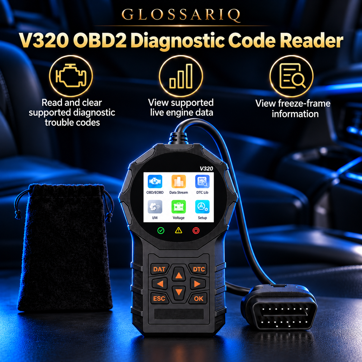 V320 OBD2 Diagnostic Code Reader — custom GLOSSARIQ feature design