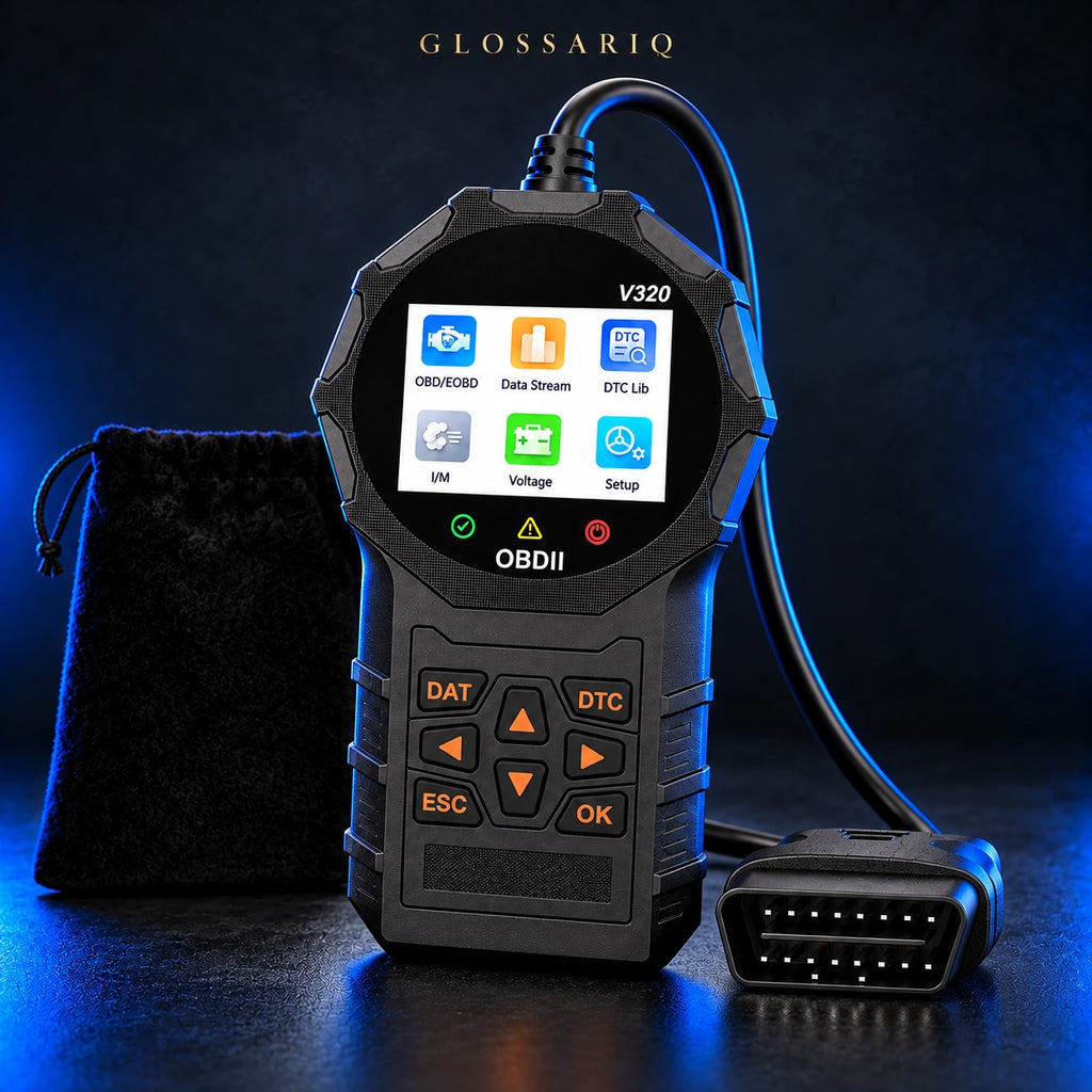 V320 OBD2 Diagnostic Code Reader — custom dark studio view