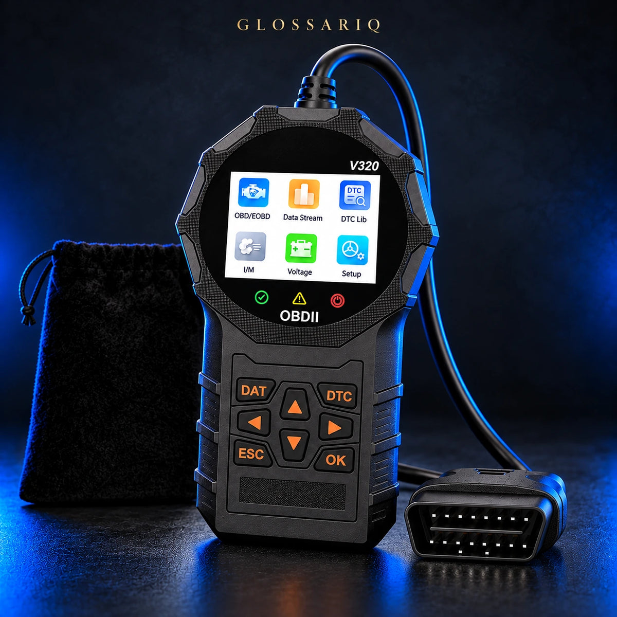 V320 OBD2 Diagnostic Code Reader — custom dark studio view