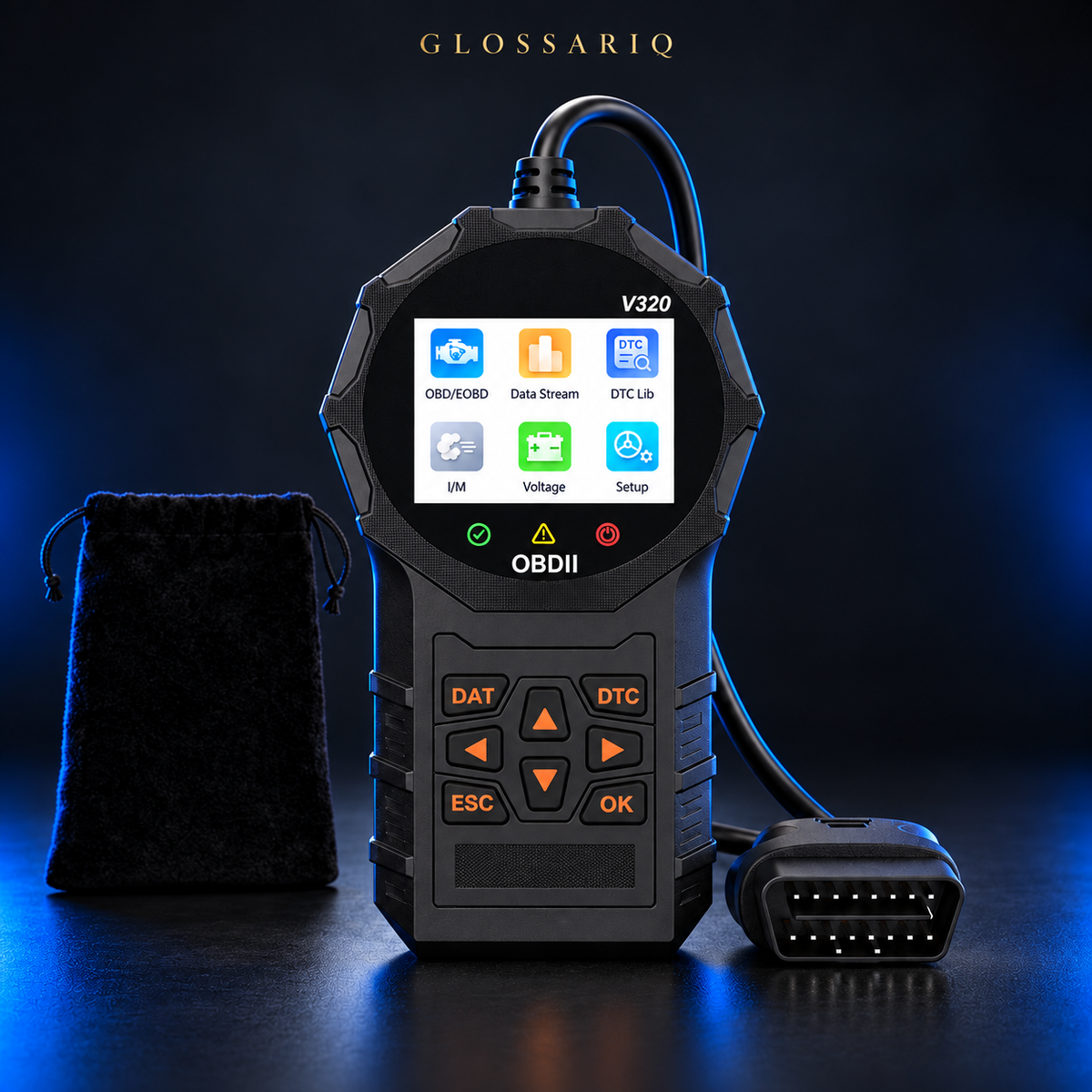 V320 OBD2 Diagnostic Code Reader — custom studio mockup
