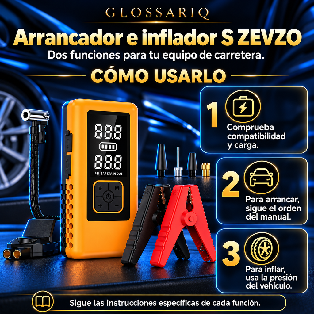 S ZEVZO 4000A Jump Starter + Tire Inflator — Cómo usarlo: instrucciones en español