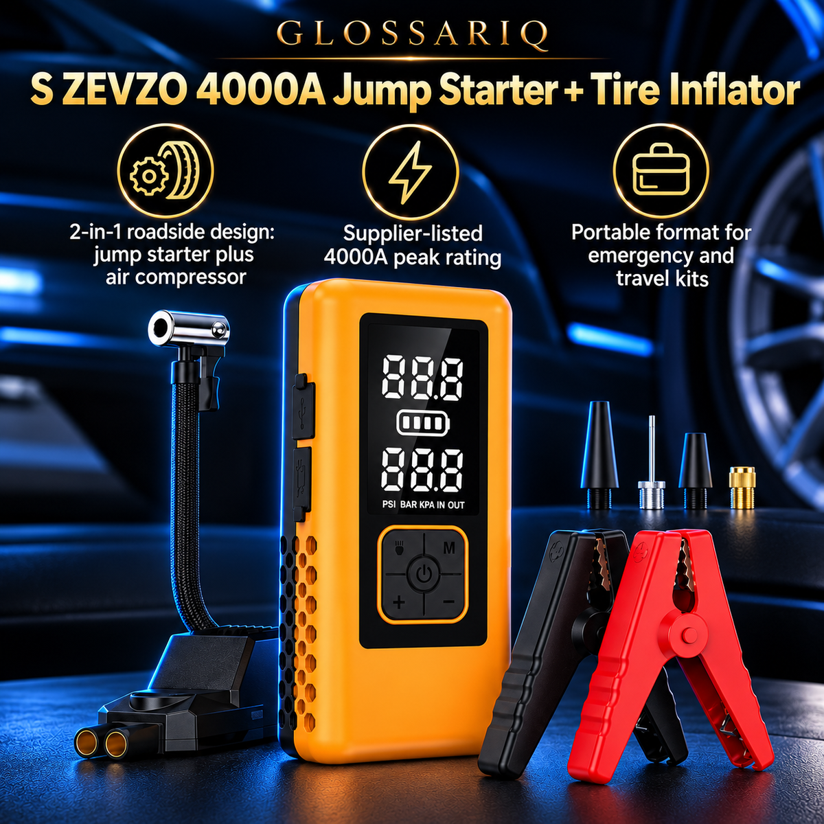 S ZEVZO 4000A Jump Starter + Tire Inflator — custom GLOSSARIQ feature overview