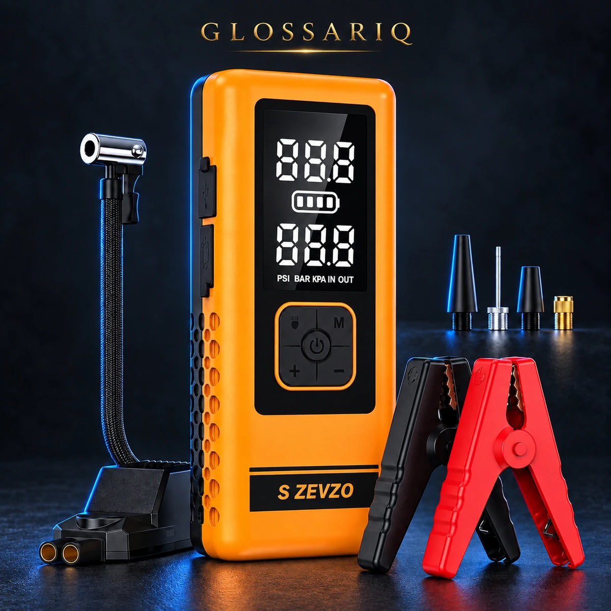 S ZEVZO 4000A Jump Starter + Tire Inflator — custom dark studio view