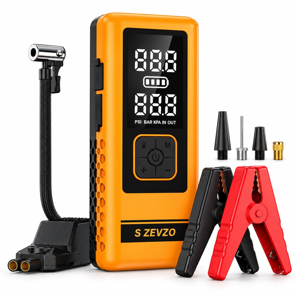 S ZEVZO 4000A Jump Starter + Tire Inflator — custom solid-white studio view