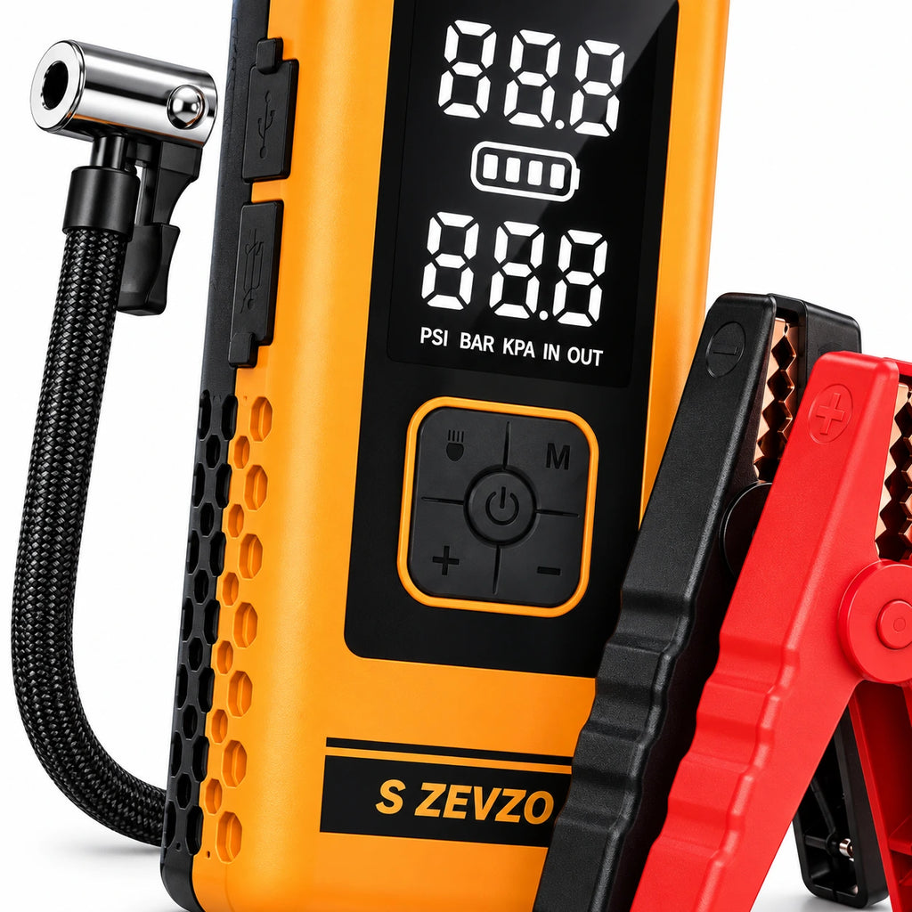 S ZEVZO 4000A Jump Starter + Tire Inflator — custom solid-white detail view