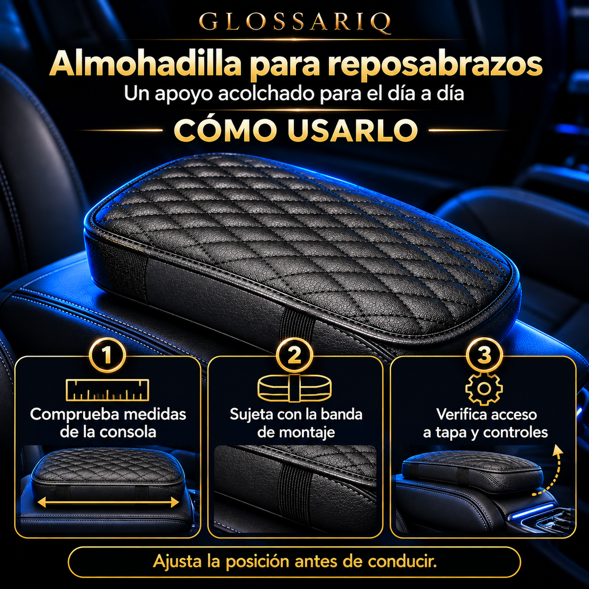 Black PU Leather Car Armrest Pad — Cómo usarlo: instrucciones en español