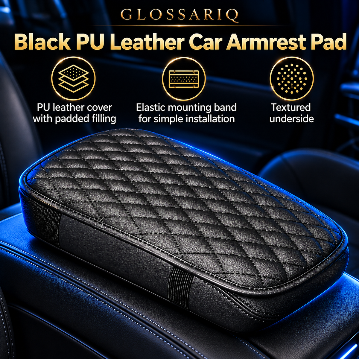 Black PU Leather Car Armrest Pad — custom GLOSSARIQ feature overview