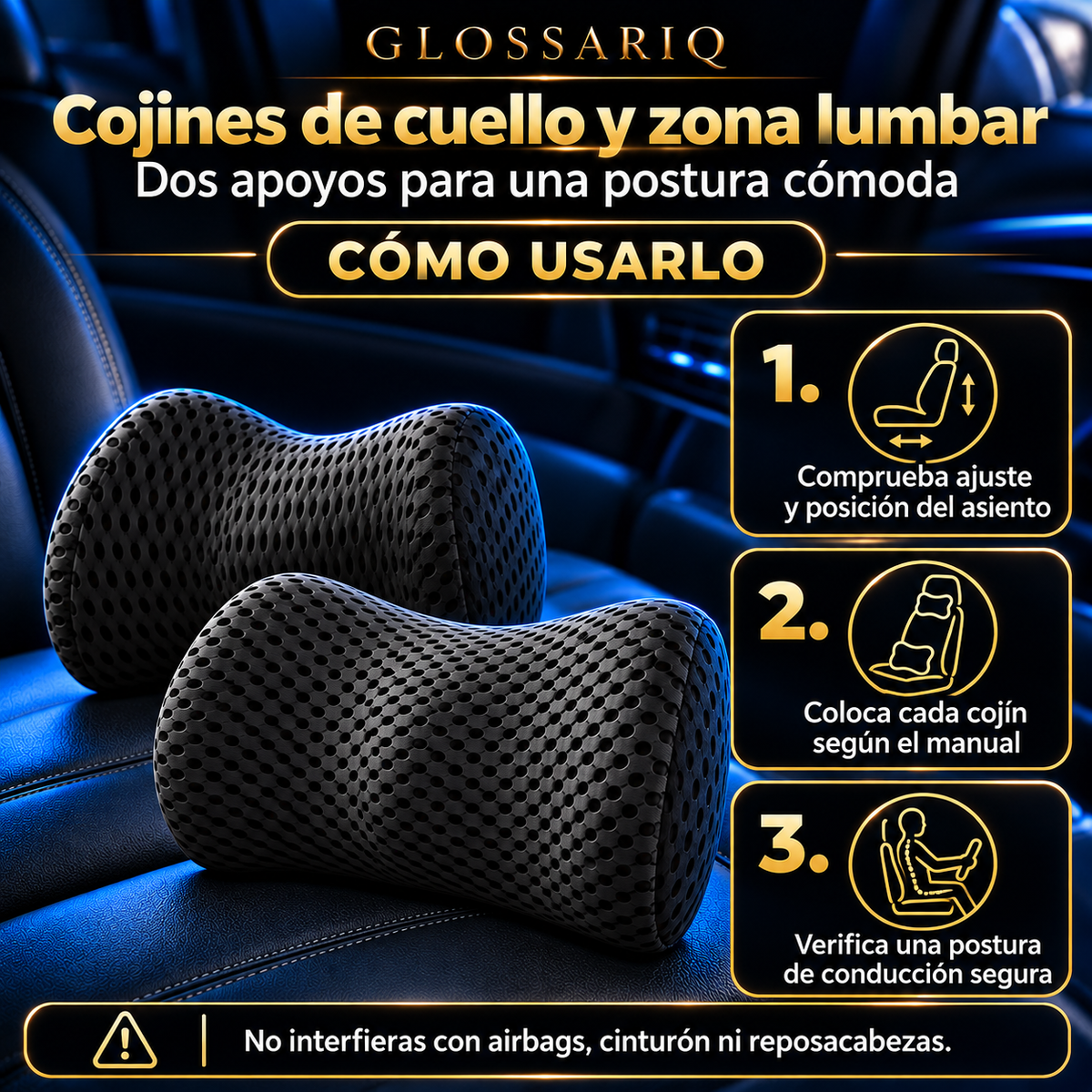 Black Memory Foam Headrest & Lumbar Cushion Set — Cómo usarlo: instrucciones en español