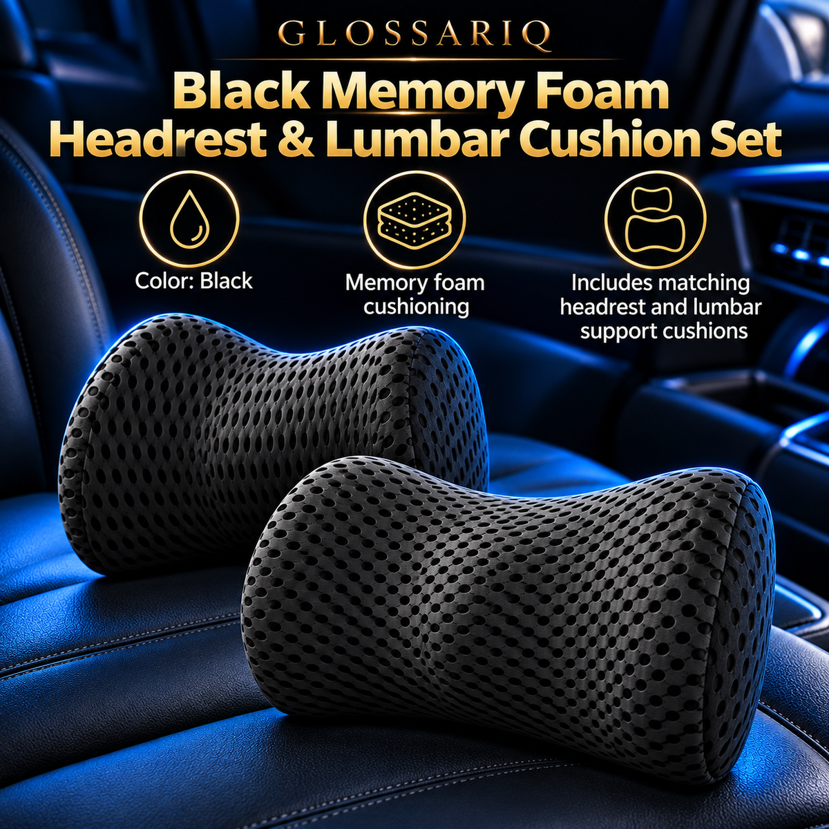 Black Memory Foam Headrest & Lumbar Cushion Set — custom GLOSSARIQ feature overview