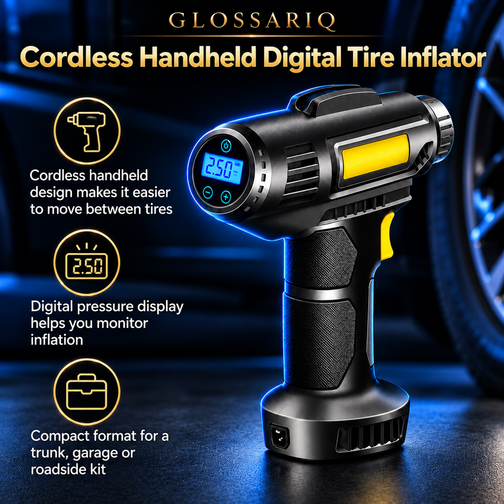 Cordless Handheld Digital Tire Inflator — custom GLOSSARIQ feature overview