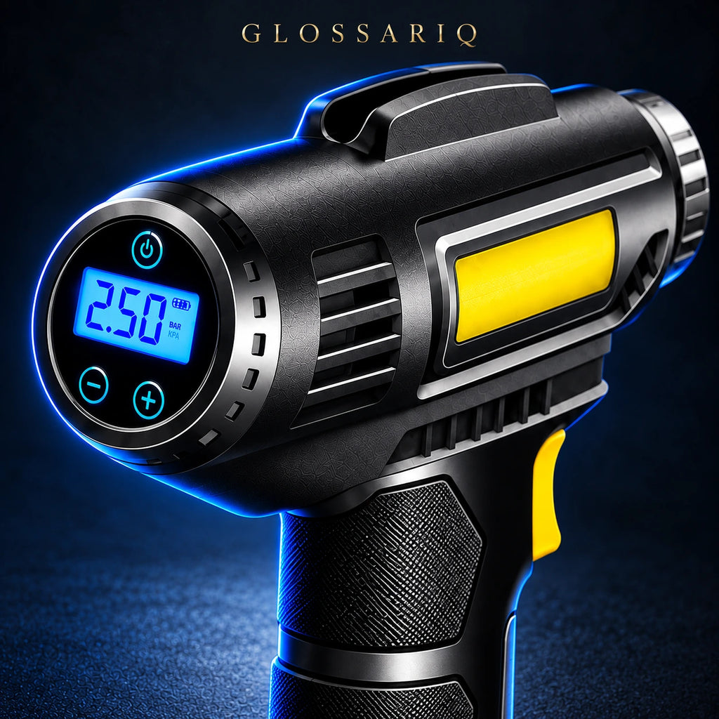 Cordless Handheld Digital Tire Inflator — custom dark studio view