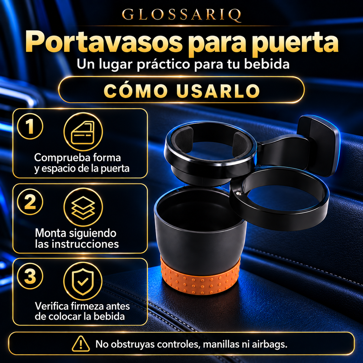 Black Door-Mount Car Cup Holder — Cómo usarlo: instrucciones en español