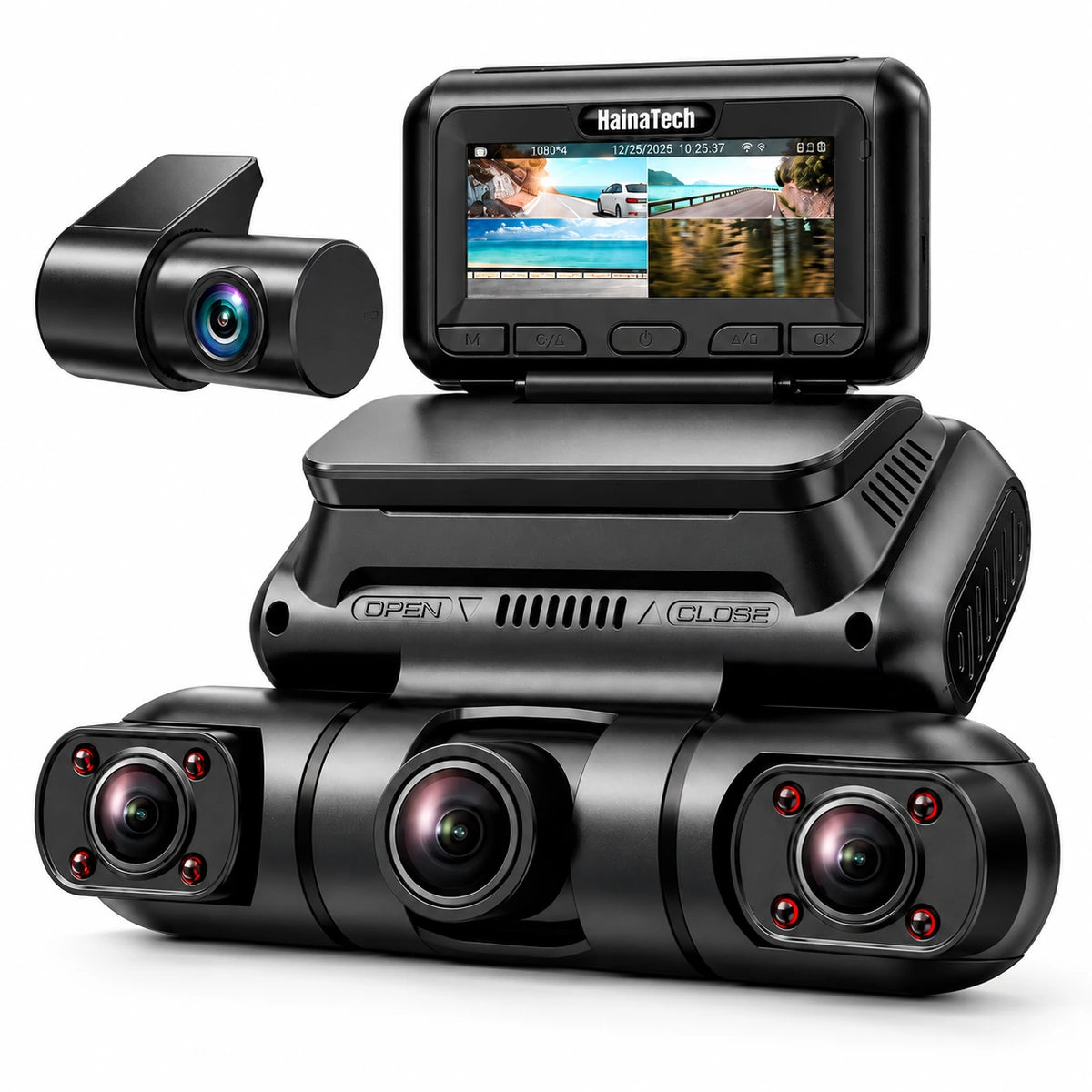 Hainatech 4-Channel Dash Camera — custom solid-white studio view