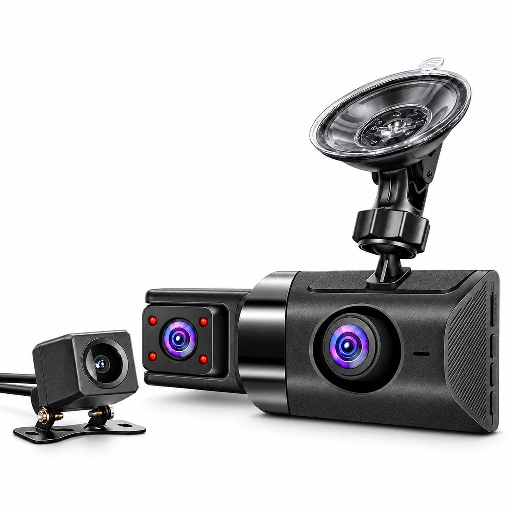 2K Three-Channel Dash Camera — custom solid-white studio view
