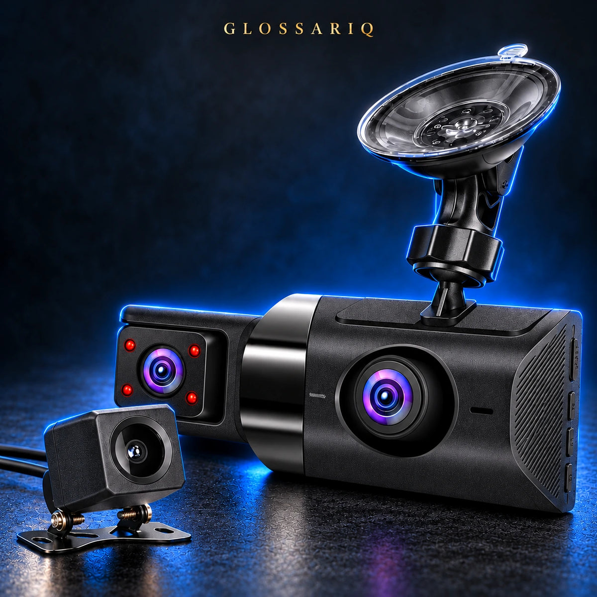 2K Three-Channel Dash Camera — custom dark studio view