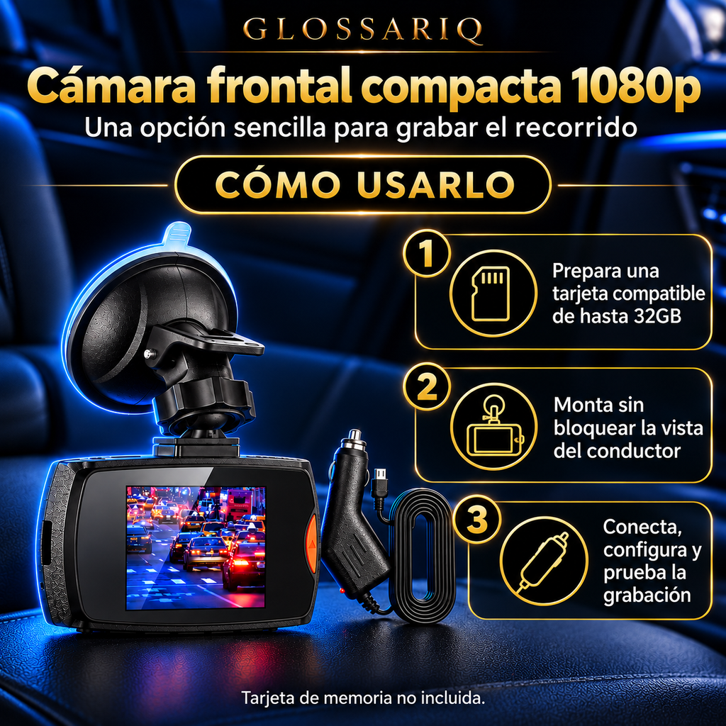 1080p Front-View Compact Dash Camera — Cómo usarlo: instrucciones en español