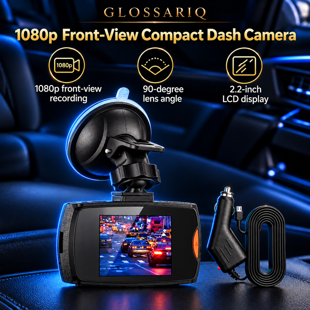 1080p Front-View Compact Dash Camera — custom GLOSSARIQ feature overview