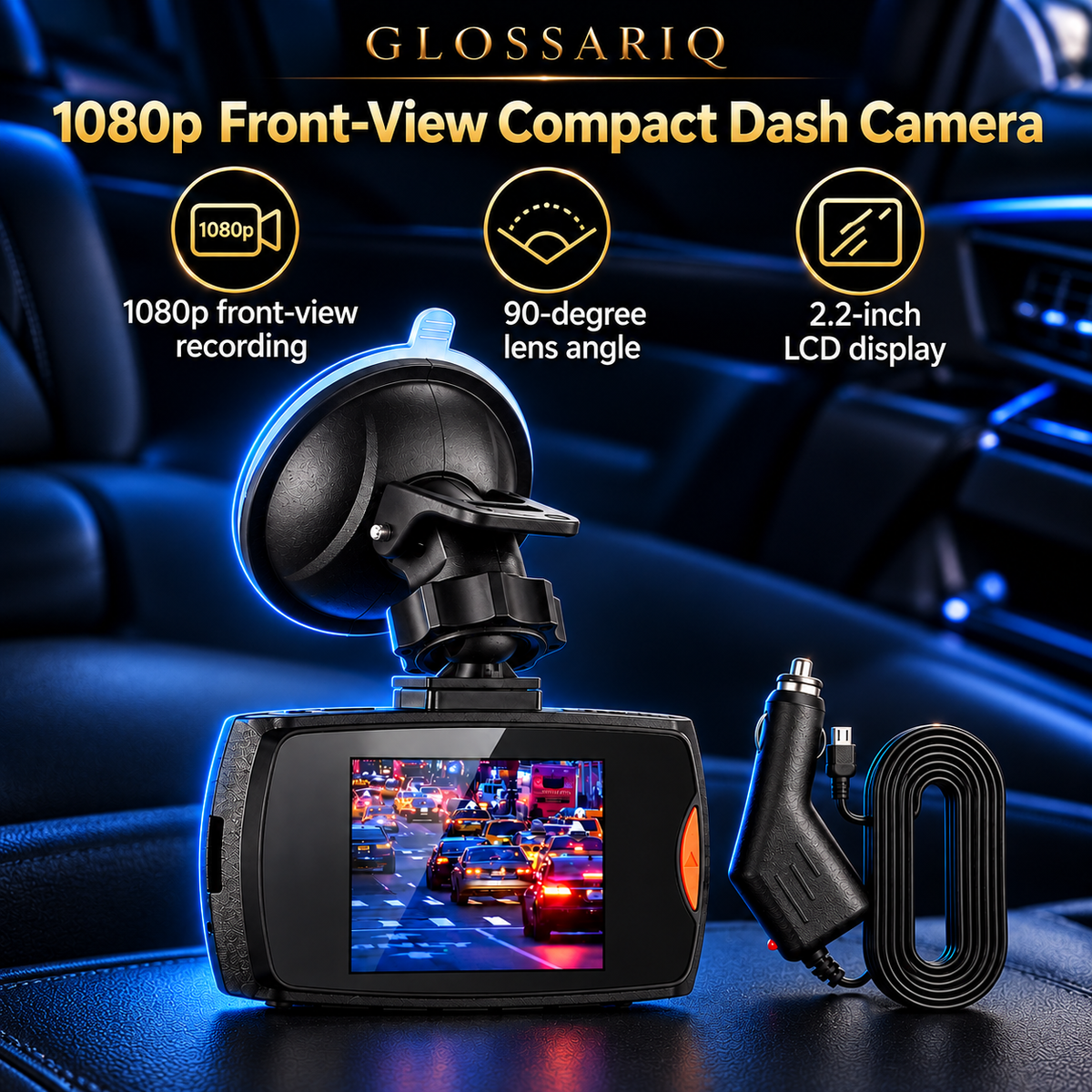 1080p Front-View Compact Dash Camera — custom GLOSSARIQ feature overview