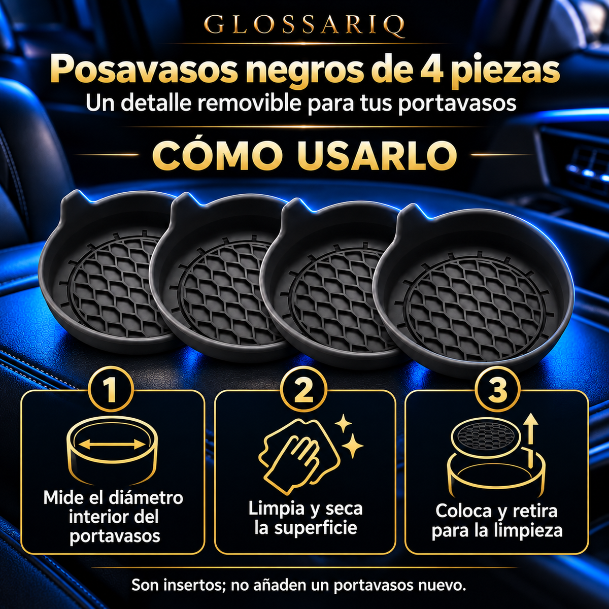 Black Silicone Car Cup Holder Coasters — 4-Pack — Cómo usarlo: instrucciones en español