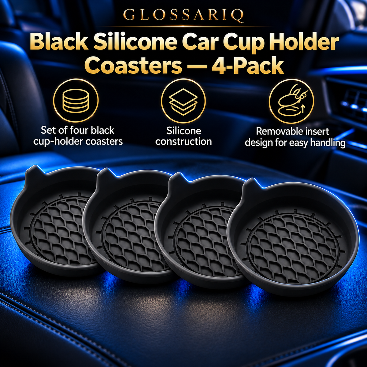 Black Silicone Car Cup Holder Coasters — 4-Pack — custom GLOSSARIQ feature overview