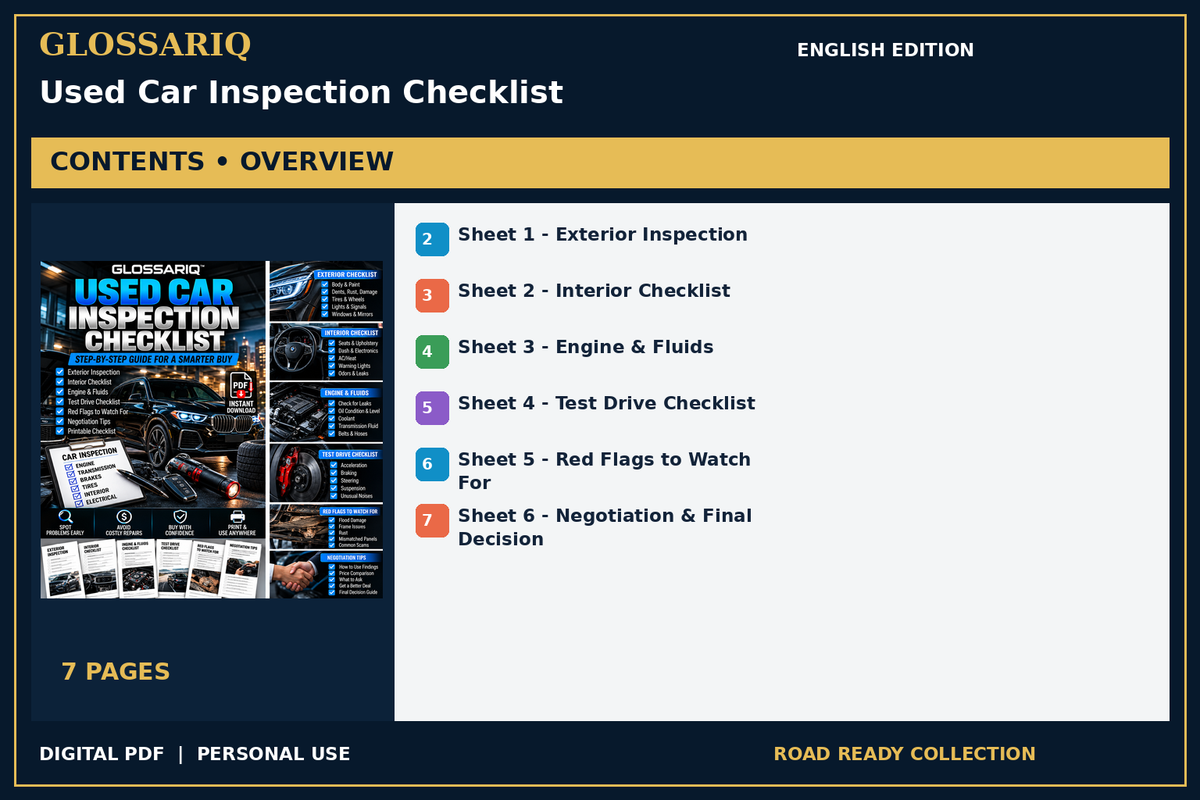 GLOSSARIQ Used Car Inspection Checklist — English edition — PDF contents overview