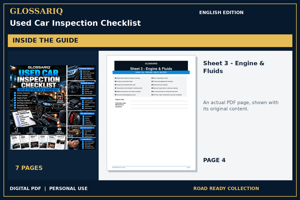 GLOSSARIQ Used Car Inspection Checklist — English edition — actual interior page