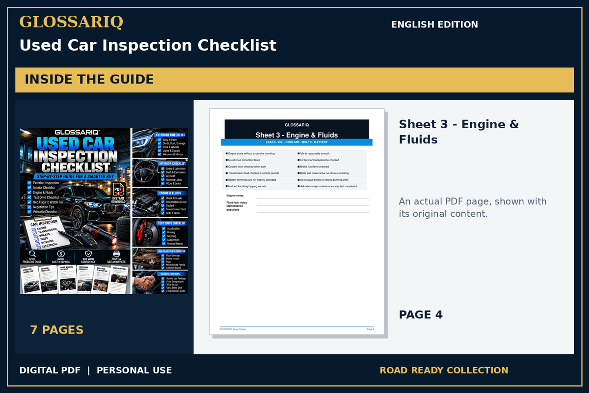 GLOSSARIQ Used Car Inspection Checklist — English edition — actual interior page