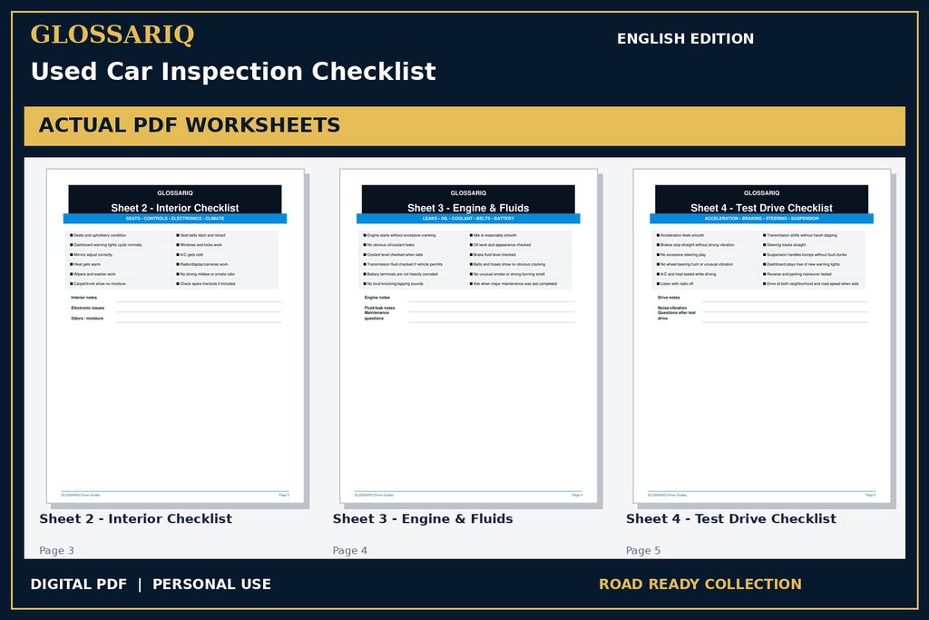 GLOSSARIQ Used Car Inspection Checklist — English edition — three actual PDF worksheets