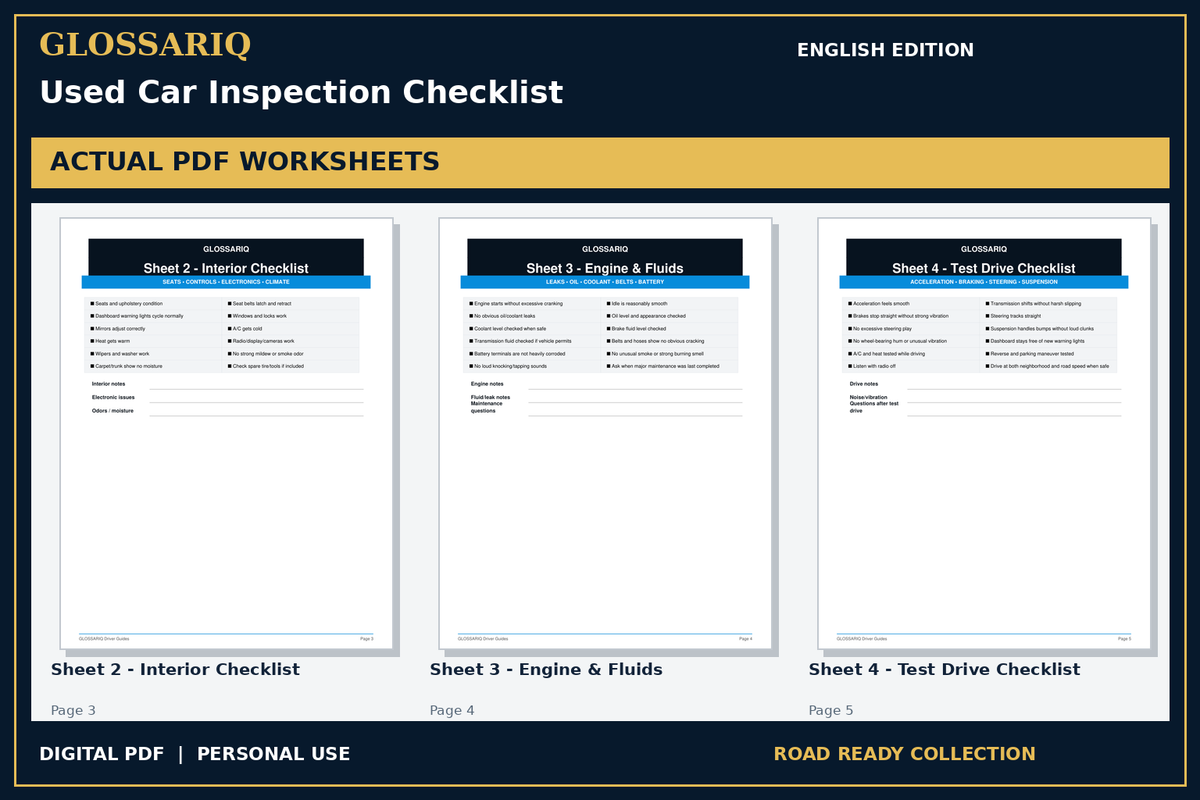 GLOSSARIQ Used Car Inspection Checklist — English edition — three actual PDF worksheets
