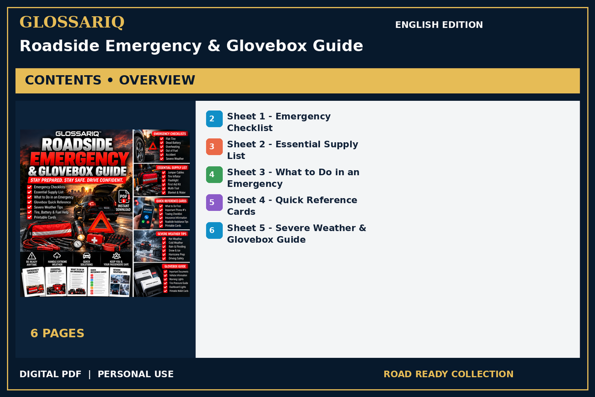 GLOSSARIQ Roadside Emergency & Glovebox Guide — English edition — PDF contents overview
