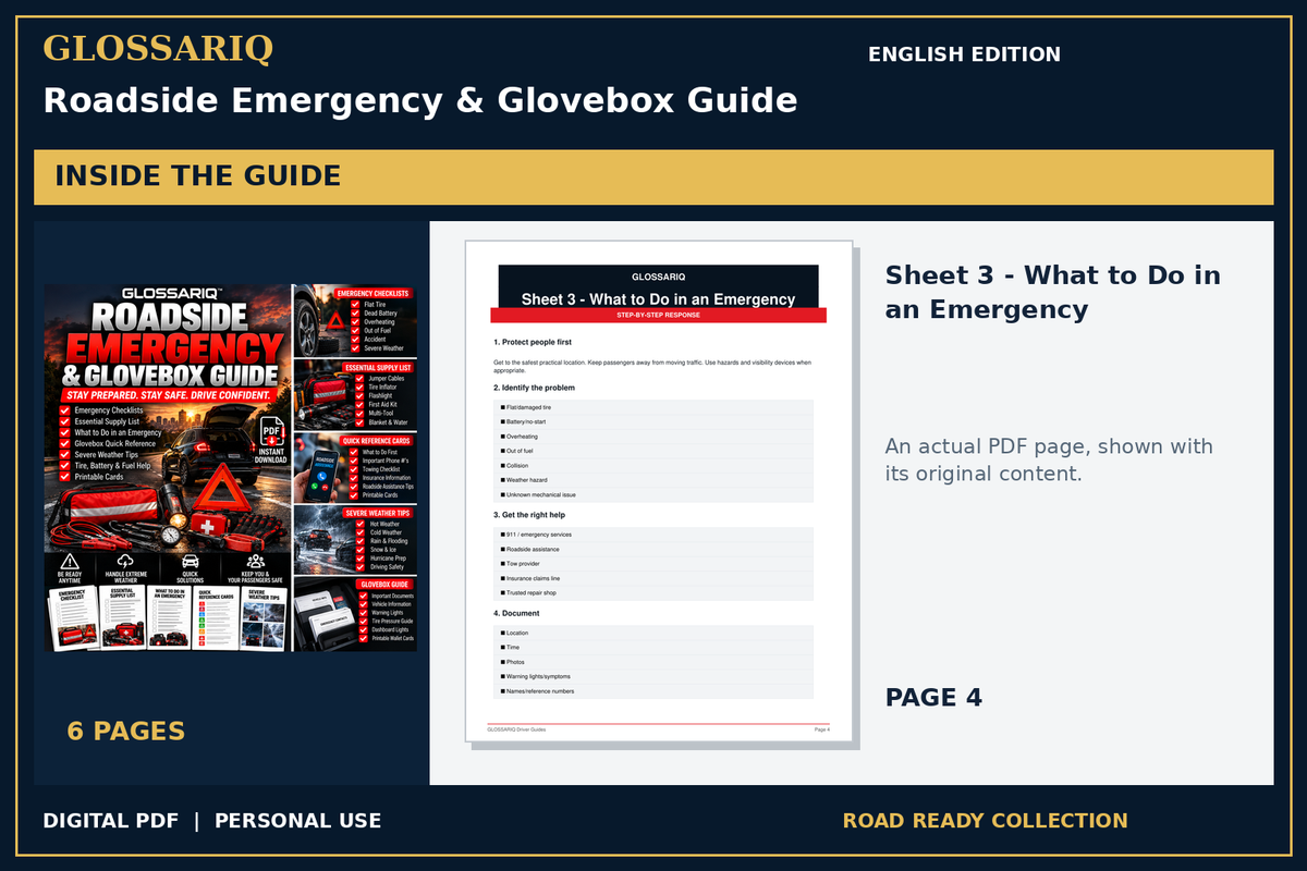 GLOSSARIQ Roadside Emergency & Glovebox Guide — English edition — actual interior page